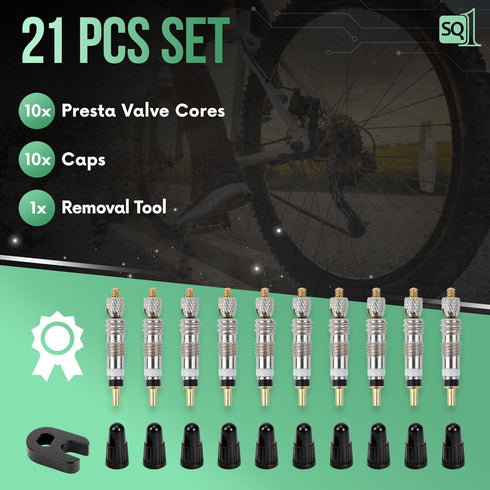 Square1 Presta Valve Core Kit -10 Universally Compatible Presta Valve Cores, 1 Presta Valve Core Removal Tool & 10 Presta Valve Core Caps - Presta...