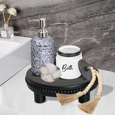 Farmhouse Beaded Wood Tray Risers for Display, 7.6” Wooden Decorative Tray for Kitchen Home Decor, Display Pedestal Stand for Countertop, Black Ro...