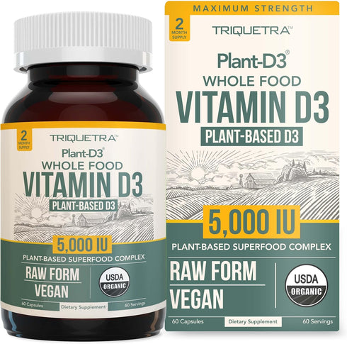 Organic Vitamin D3 5,000 IU - 100% Whole Food & Plant-Based Cholecalciferol Form, 100% Vegan Vitamin D - Enhanced with Prebiotic & Superfood Compl...