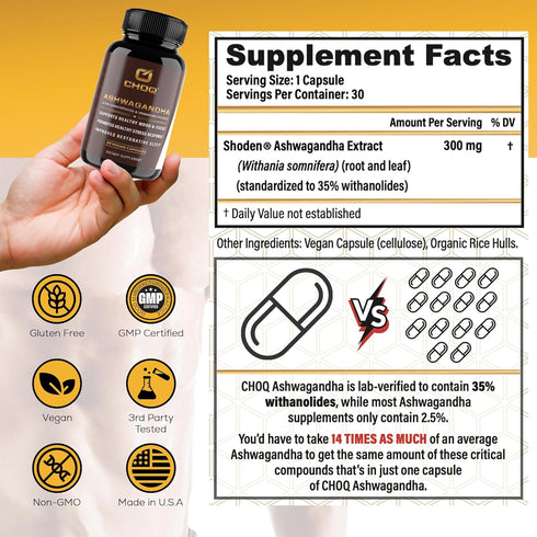 CHOQ Ashwagandha Supplement - Ultra High Potency 35% Withanolides - Cortisol Support & Sleep Aid - Mood Support - 300mg Sensoril Extract - 30 Vega...