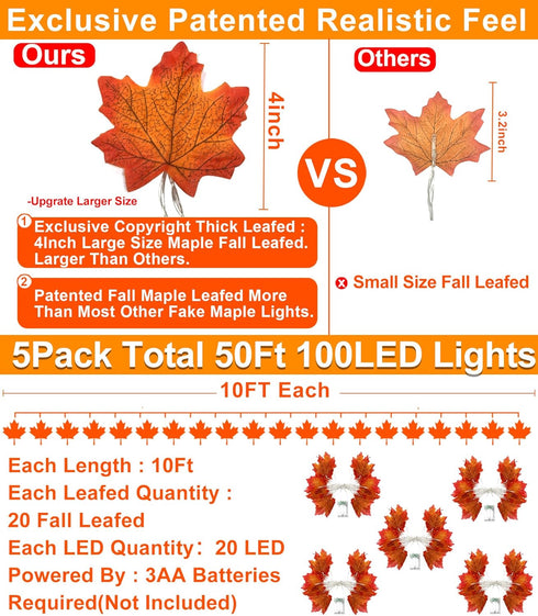 5 Pack Fall Decor Fall Garland with Lights Fall Decorations for Home, Total 50 Ft 100 LED Enlarged Maples Leaves Waterproof Battery Operated Autum...