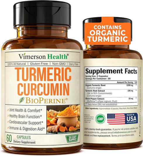 Turmeric Curcumin with Black Pepper Extract (Bioperine) & Organic Tumeric Vegan Joint Support Supplement. 95% Curcuminoids Turmeric Supplement for...