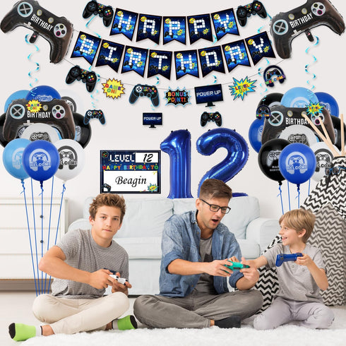 12th Birthday Decorations for Kids-Gaming Party Decorations for Gamer-HAPPY BIRTHDAY Gaming Banner Video Game Table Cover Controller Balloon Cake ...