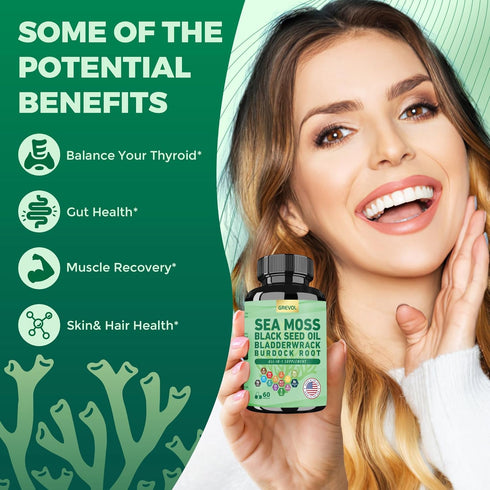 Organic Sea Moss Supplement, Sea Moss 8000mg Black Seed Oil 6000mg Bladderwrack 5000mg Burdock 4000mg Turmeric VC D3 Elderberry ACV Black Pepper C...
