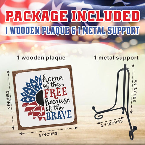 July 4th Petals Wood Plaque With Iron Stand - Home Of The Free Because Of The Brave - 4"x4" Wooden Block Sign, Patriotic Desk Signs, Shelf & Table...