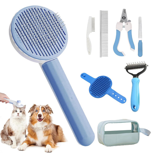 Pet Grooming Brush Kit 7pcs, Cat Brush with Release Button Comb Set for Shedding -Cat Brush&Nail Clippers File Set for Cat Dogs Long matted Haired...