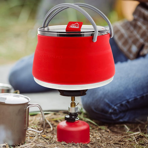 Collapsible Travel Kettle Pot with Lid - 1L Red Portable Water Boiler Tea Maker for Camping Gas Stove...