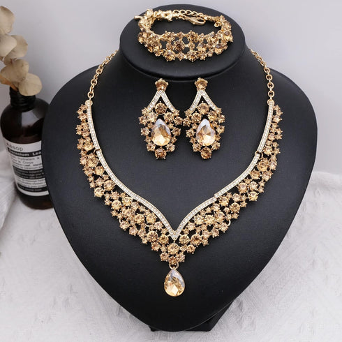 Women's Statement Necklace Earrings Link Bracelet Set for Bride Austrian Crystal Wedding Bridal Costume Jewelry Sets...
