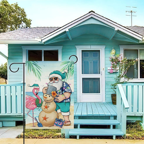 Santa Claus Decorative Garden Flag, Christmas Snowman Flamingo Beach Coastal Yard Outside Home Decoration, July Hawaii Nautical Xmas Summer Holida...