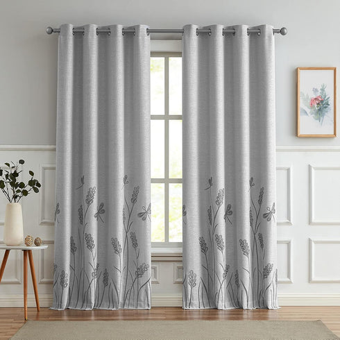 Melodieux Wheat Embroidery Linen Textured Curtains for Living Room Bedroom, Farmhouse Style Rustic Flax Drape Grommet, Grey Wheat, 52 by 84 Inch (...