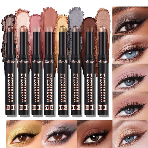 8 Colors Eyeshadow Stick, Matte Professional Long Lasting Smooth Bright-Colored Contouring and Highlight Cream Eyeshadow Stick, Metallic Glitter E...