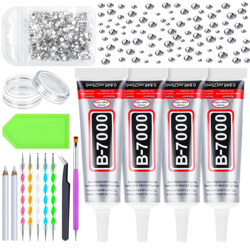 B7000 Glue Clear for Rhinestones, 4 Pcs 25mL B-7000 Jewelry Bead Gem Glue with Flatback Clear Rhinestones, Tweezer Dotting Rhinestone Tool for Clo...
