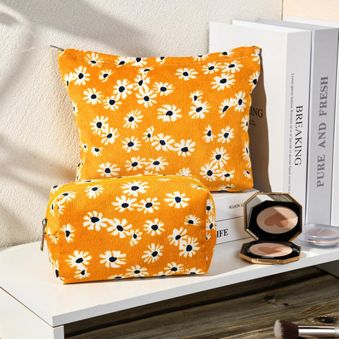 2 Pieces Little Flower Makeup Bag Large Cosmetic Bag Capacity Canvas Travel Toiletry Bag Organizer Cute Makeup Brushes Aesthetic Accessories Stora...