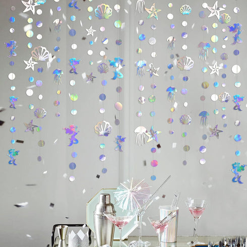 40 Ft Iridescent Mermaid Garland with Jellyfish Seashell Starfish Pearl Holographic Paper Streamer for Little Mermaid Rainbow Theme Birthday Bache...