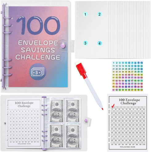 100 Envelopes Money Saving Challenge Binder,Budget Binder with Cash Envelopes and Pen,Expense Budget Sheet for Budgeting and Saving Money,Easy Way...