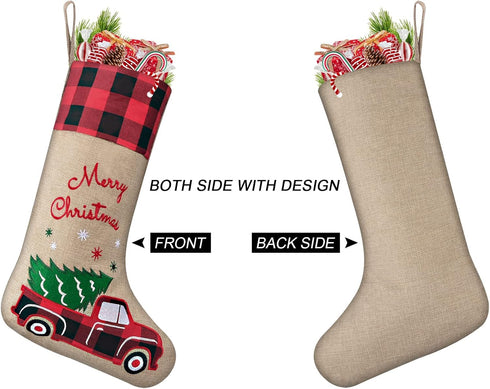 yuboo Burlap Christmas Stockings with Red Truck Xmas Decor 2 Pack, Buffalo Plaid Christmas Stockings 18-Inch Red Truck Christmas Ornaments Decorat...