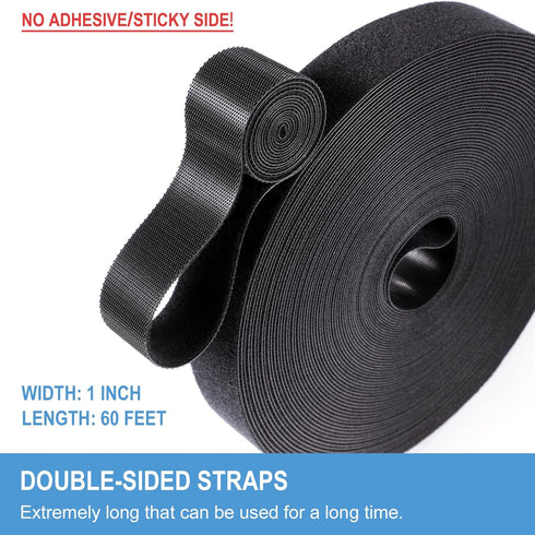 1 in x 60 ft Hook and Loop Roll | Double-Sided Strips, Self-Gripping Straps | Reusable Multi-Purpose Wrap Fasteners for Home, Office, Data Center,...