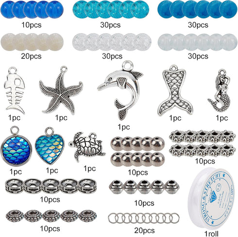 SUNNYCLUE 1 Box 270Pcs Bracelet Making Kit Ocean Theme Bracelet Set Colorful 8mm Glass Beads Mermaids Shells Seahorses Charms for Jewelry Marking ...