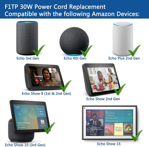 F1TP 30W Power Supply Adapter Cord for Echo 3rd 4th Gen, Echo Plus 2nd Gen, Echo Show 8, Echo Show 10, Echo Show 15...