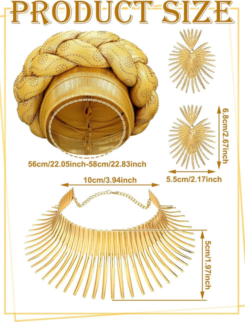 Yinkin African Jewelry Set for Women Party Gold Statement Earrings Collar Bib Necklaces African Turban Head Wrap for Theme Party...