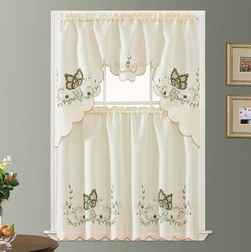 GOHD Dancing Butterfly. 3pcs Multi-Color Embroidery Cafe Curtain Set/Swag & Tiers Set with cutworks. Window Treatment Set for Small Windows. (SAGE...