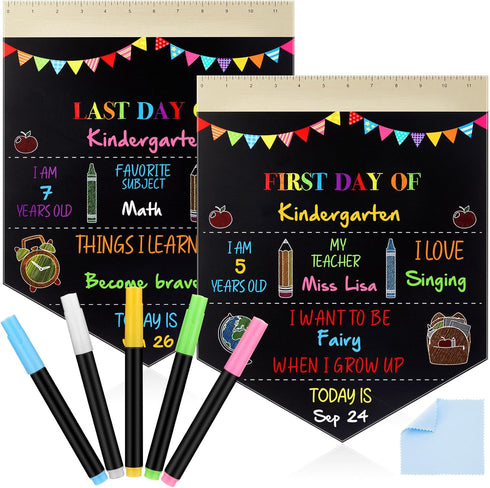 First and Last Day of School Board for Kids, 15 x 11.8 Inch Double Sided First Day of School Chalkboard Back to School Board Sign with 5 Markers, ...