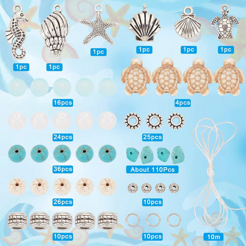 SUNNYCLUE 1 Box 277Pcs DIY Turtle Beads Beading Bracelets Making Kit Tortoise Charms Summer Hawaii Ocean Starfish Seahorse Charm Sea Shell Charms ...