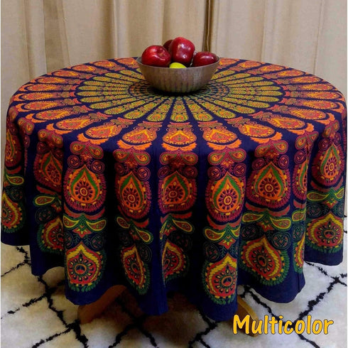raajsee Round Beach Tapestry Blue Orange Mandala Throw/Boho Hippie Beach Blanket Roundie/Indian Cotton Bohemian Large Round Table Cloth/Yoga Mat M...