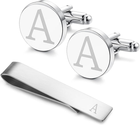 LOYALLOOK Classic Engraved Initial Cufflinks and Tie Clip Bar Set Alphabet Letter Formal Business Wedding Shirts A...