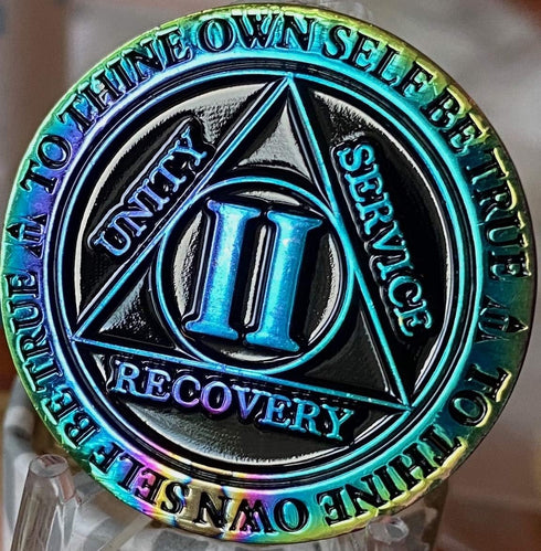 2 Year AA Medallion Reflex Rainbow Plated Black Sobriety Chip II...