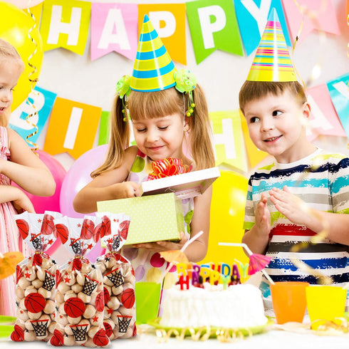 Blulu 100 Pieces Basketball Party Treat Bags Plastic Basketball Theme Candy Goodie Bags with 100 Pack Gold Twist Ties for Sports Team Party Favors...