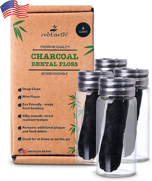 Natural Deep Clean Charcoal Floss - Oral Care Dental Floss w/Mint Flavor, 30m Tooth Floss in Glass Container, Bamboo Floss w/Reusable Floss Contai...