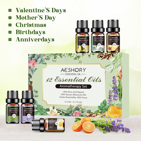 Essential Oils Set - 12 Pcs Aromatherapy Essential Oil Kit for Diffuser, Humidifier, Aromatherapy, Massage, Soap, Candle Making (5mL)...