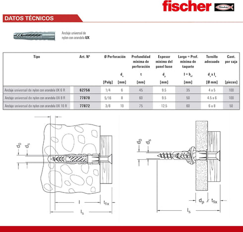 fischer Universal Plug UX 6x35 R (with Rim)100pcs Use in All Solid Hollow and Board Building Materials Holds in Concrete Masonry Gypsum Plasterboa...