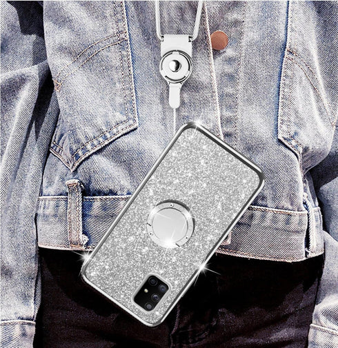 nancheng for Samsung Galaxy A71 5G Case with Ring Stand Strap Lanyard Shockproof Protection Cover Cute Girls Women Glitter Silicone Phone Case - S...