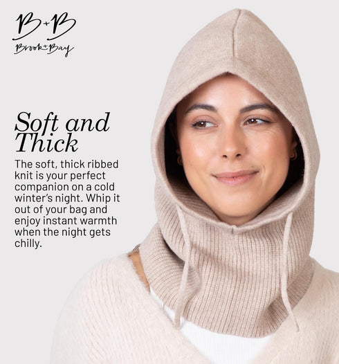 Brook + Bay Knitted Hooded Scarf w/drawstrings - Knit Balaclava Hood Scarf for Women Winter - Stylish Hooded Hat, Neck Warmer Cream...