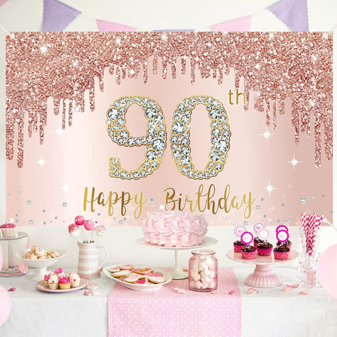 Happy 90th Birthday Banner Backdrop Decorations for Women, Rose Gold 90 Birthday Party Sign Supplies, Pink 90 Year Old Birthday Poster Background ...