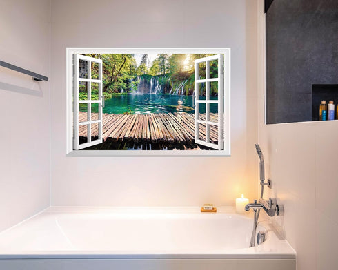 FLFK Fake Window Wall Mural - Waterfalls in The Jungle Faux Window Wall Sticker for Wall Decor, Stick and Peel Wall Decals,48"x32",Set of 2 Sheets...