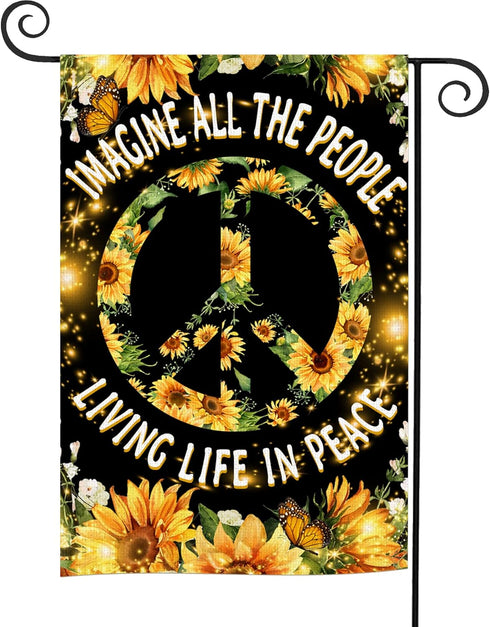 Hippie Sunflower Garden Flag Double Sided 12Wx18L Inch Imagine All The People Living Life in Peace Flag Positive Quotes Small Vertical Yard Flag f...