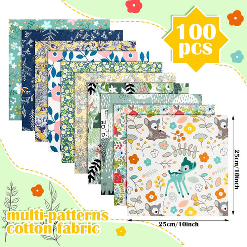 Oudain 100 Pcs Cotton Fabric Square Patchwork Craft Fabric Scraps Quilting Fat Bundles Flower Animals Cartoon for DIY Sewing Cloths (Cute, 10 Inch...