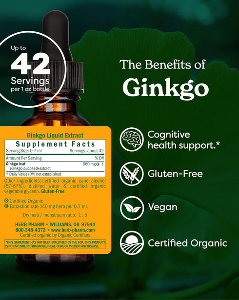 Herb Pharm Certified Organic Ginkgo Liquid Extract for Memory and Concentration - 1 Ounce (781468)...