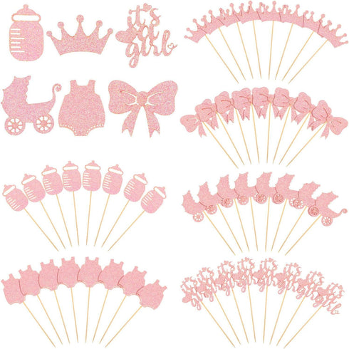 48 Pieces Baby Shower Cupcake Toppers for Girls Glitter Pink Baby Girl Food Picks Baby Shower Toothpicks for Girls Birthday Cake Decorations Party...