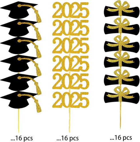 2025 Graduation Cupcake Toppers, 48 PCS Food/Appetizer Picks For Graduation Party Mini Cake Decorations, Diploma, 2025, Grad Cap Set 48 Pieces (01...