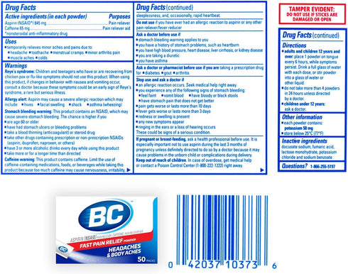BC Powder | Fast Pain Relief | Aspirin (NSAID) & Caffeine | 50 Count (10042037103993)...