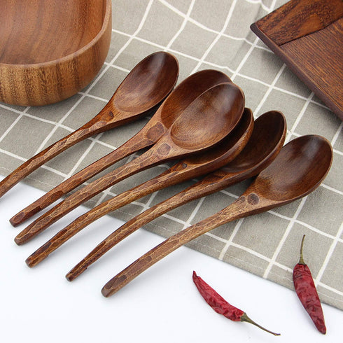 Soup Spoons,AOOSY Wooden Soup Spoons, 6 Pieces 7.84 inches Japanese Ramen Spoons Round Nanmu Wood Long Handle Rice Dessert Cooking Tasting Dinner ...