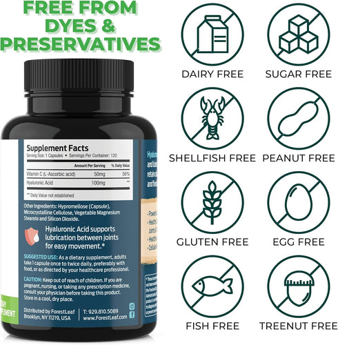 ForestLeaf Hyaluronic Acid Supplements | 100mg High Bioavailable Dietary Hyaluronic Acid Powder Capsules + 50mg VIT C | Supports Skin Hydration, J...