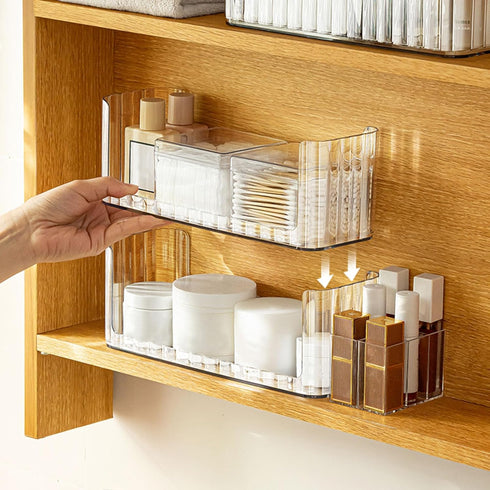 LINFIDITE Stackable Makeup Organizer Tray 2 Pack Clear Vanity Organizer, Cosmetic Display Case with 4 Removable Dividers 2 Lipgloss Holders 2 Cott...