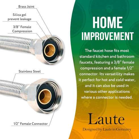 1Pc Faucet Connector Hose 16", Hose for Sink Faucet Stainless Steel Braided Faucet Supply Lines for Kitchen Bathroom, Brass Nuts Tips, 3/8' Female...