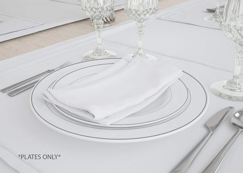 50 Classy Disposable Plastic Plates, 25 Pieces of 10.25 Inch and 25 Pieces of 7.5 Inch White Plates, Silver Trim...