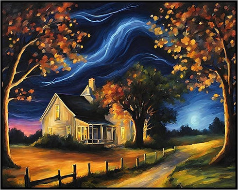 Posterizer 1 pcs- quaint old village-building in nature-night sky 3-Landscape & Nature Art-Floral Botanical Art- Decor for Home & Office- unframed...